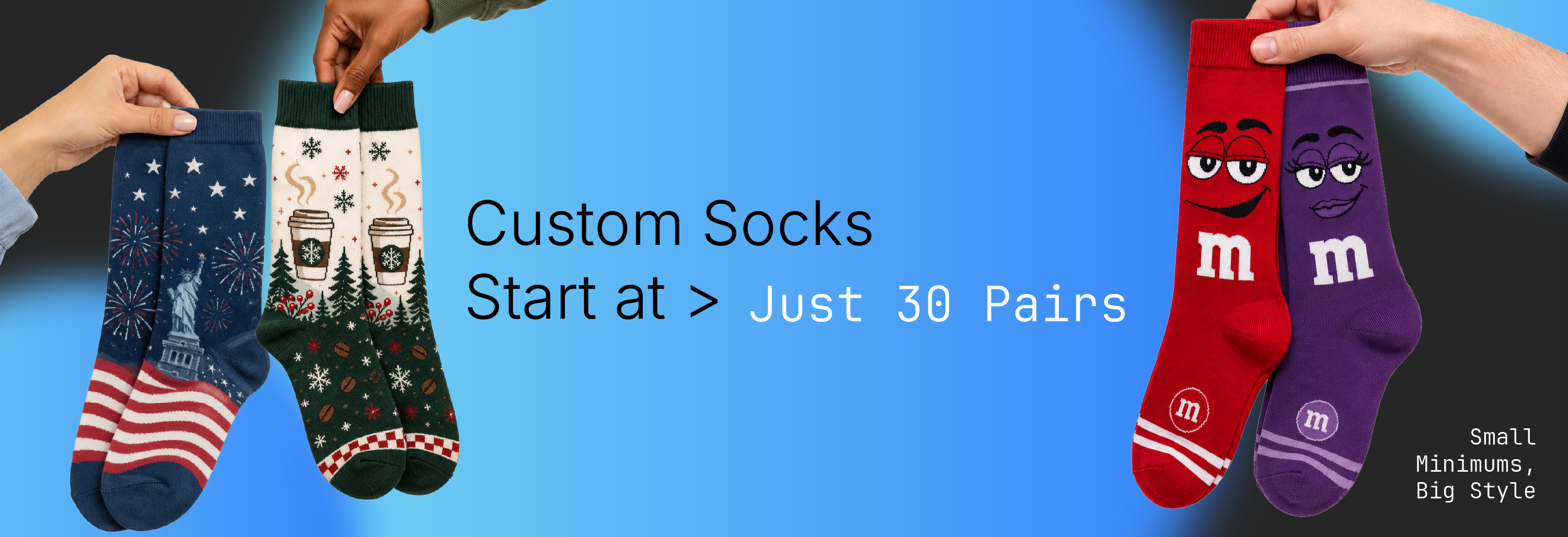 Custom socks designed for brands and corporate gifting, available from a 30-pair minimum